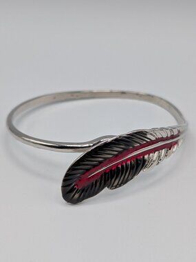 Vintage Silver Red Enamel Crane Feather Cuff Bracelet Boho Goth Bypass Bangle